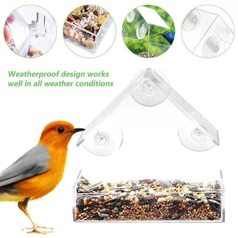Window bird feeder with 3 suction cups – transparent acrylic for clear view | Open design for more birds | Easy to fill &amp; clean