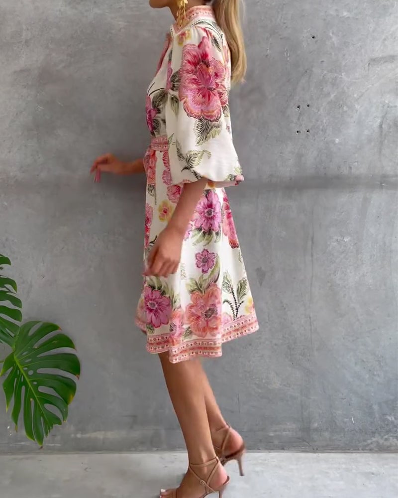 Damen A-Linien Kleid mit Print | Knielanges Kleid mit Reverskragen &amp; Laternenärmeln | Elegant für Frühling &amp; Sommer
