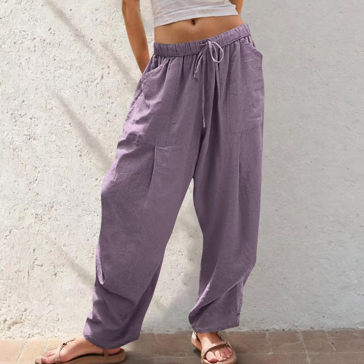 Damen Leinenhose mit Kordelzug aus Baumwoll-Leinen | Gerade Loungehose mit Taschen | Lockere Sommerhose für Alltag &amp; Freizeit