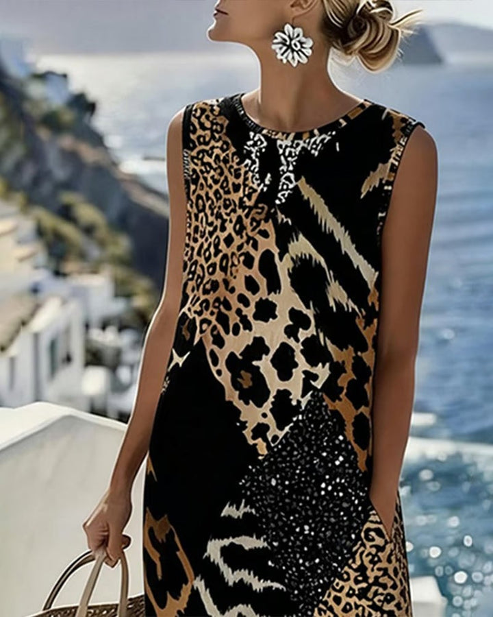 Damen Midi Kleid mit Leopardenmuster | Ärmelloses Shiftkleid aus Baumwollmischung | Luftiger Sommer-Look