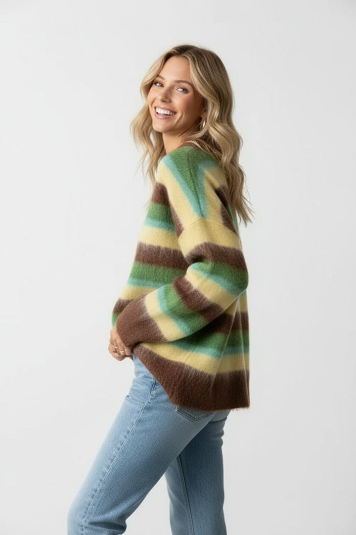 Damen Strickpullover mit buntem Streifenmuster | Weicher Rundhalspullover mit lockerer Passform und langen Ärmeln für Alltag und Freizeit