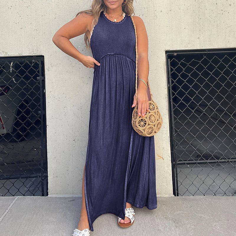 Damen Maxikleid mit Schlitz | luftiges Sommer Tankkleid mit Empire-Taille | Stufenrock &amp; Spitzensaum | locker fallend