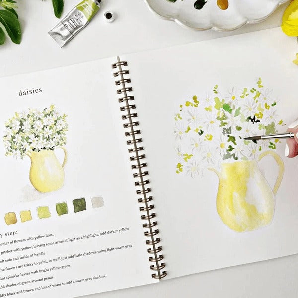 Cahier de travail aquarelle pour débutants | 12 motifs avec guide étape par étape | Papier 120 lb, 6,5"×9", mélange et peinture