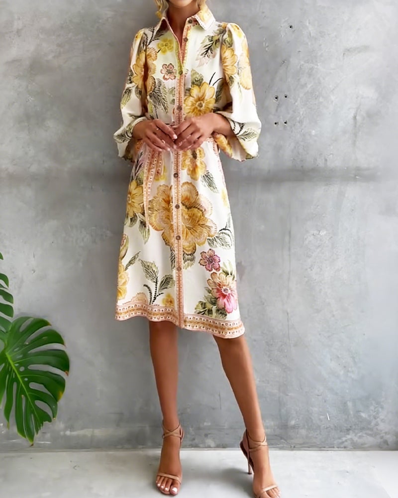 Damen A-Linien Kleid mit Print | Knielanges Kleid mit Reverskragen &amp; Laternenärmeln | Elegant für Frühling &amp; Sommer
