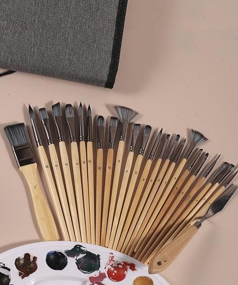 Pinselset 24-teilig | Profi Künstlerpinsel mit Holzgriff | Acryl, Aquarell, Öl &amp; Gouache