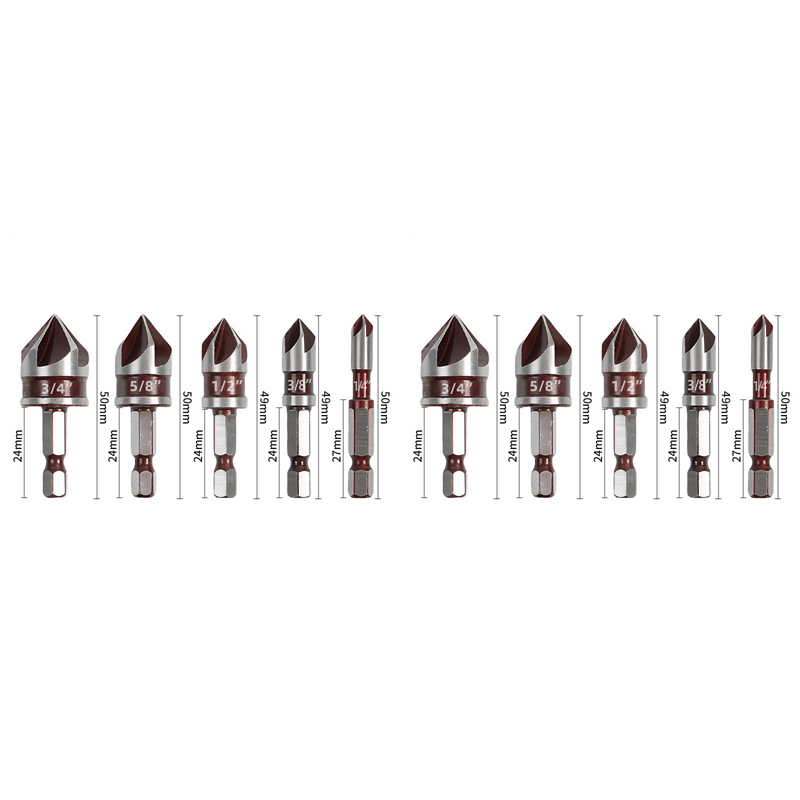 Countersink drill bit set with hex shank | Clean, splinter-free holes &amp; smooth edges | 5 flutes for chip removal | Carbon steel | 3- or 5-piece