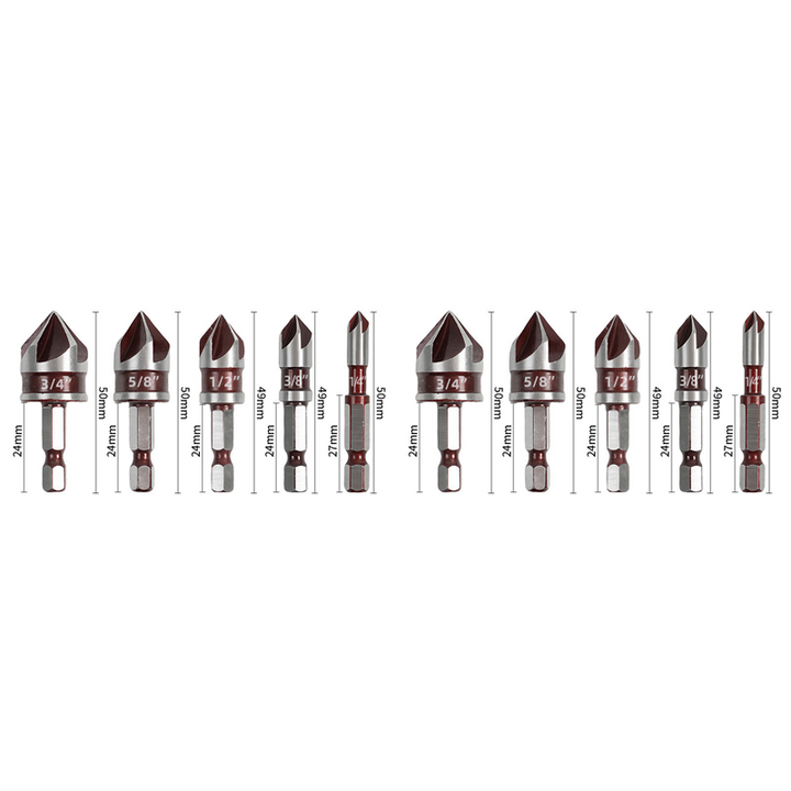 Countersink drill bit set with hex shank | Clean, splinter-free holes &amp; smooth edges | 5 flutes for chip removal | Carbon steel | 3- or 5-piece