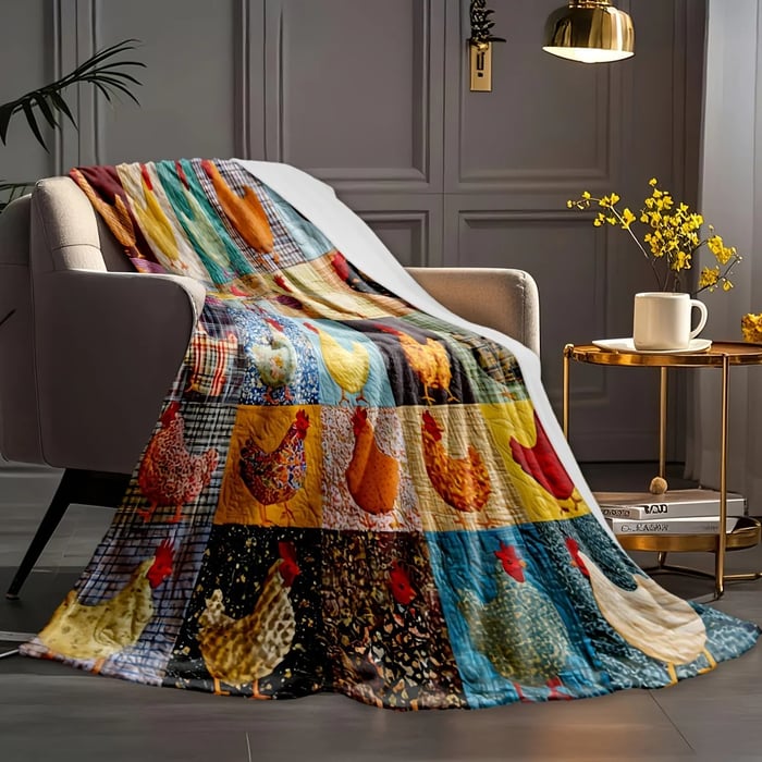 Flanelldecke | Weiche Kuscheldecke mit Hühnermotiv für Sofa, Bett und Sessel