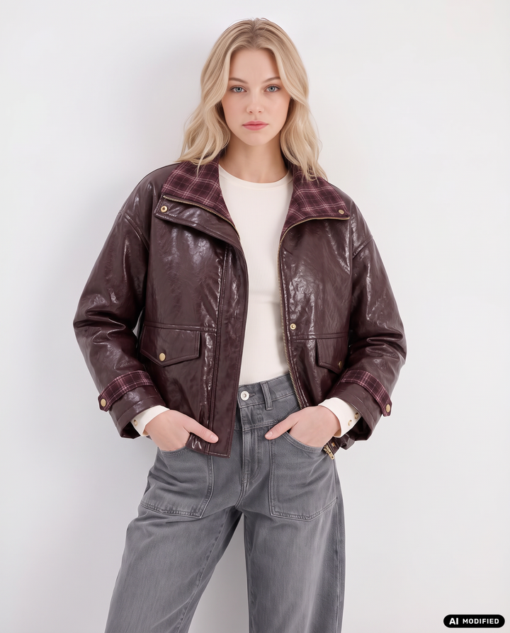 Damen Kunstlederjacke | Lässige Jacke mit Karokragen, Reißverschluss und Pattentaschen
