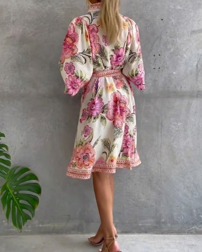 Damen A-Linien Kleid mit Print | Knielanges Kleid mit Reverskragen &amp; Laternenärmeln | Elegant für Frühling &amp; Sommer