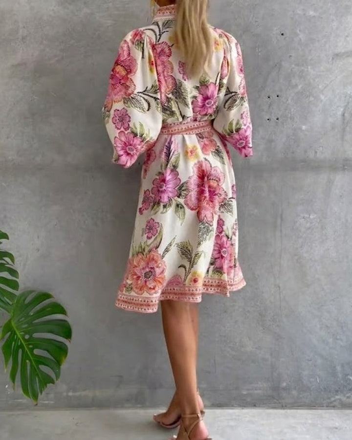 Damen A-Linien Kleid mit Print | Knielanges Kleid mit Reverskragen &amp; Laternenärmeln | Elegant für Frühling &amp; Sommer