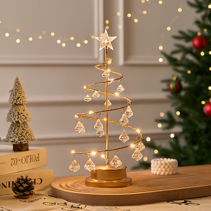 Beleuchteter Weihnachtsbaum mit Kristallanhängern | Warmweißer Deko-Baum aus Metall in Spiralform für Tisch und Regal