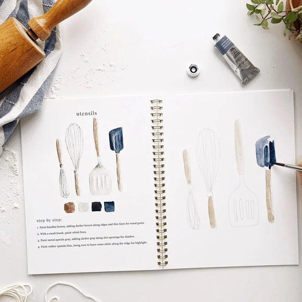 Cahier de travail aquarelle pour débutants | 12 motifs avec guide étape par étape | Papier 120 lb, 6,5"×9", mélange et peinture