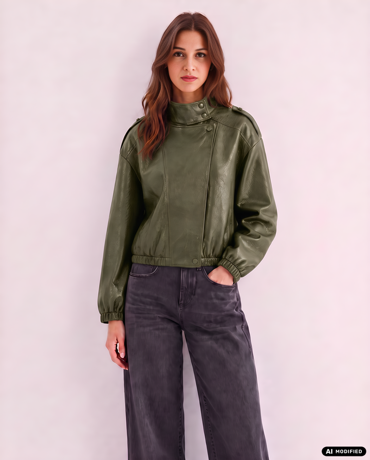 Kunstlederjacke | Kurz mit Reverskragen, Oversized Fit und Reißverschluss
