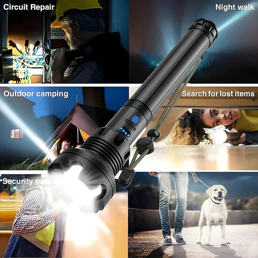 LED flashlight 7000 lumens | 550 m range + spot &amp; floodlight | 3000 mAh battery up to 8 hrs | IPX5 aluminum
