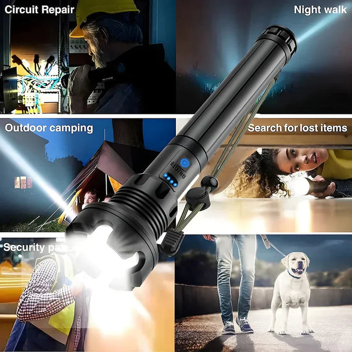 LED flashlight 7000 lumens | 550 m range + spot &amp; floodlight | 3000 mAh battery up to 8 hrs | IPX5 aluminum