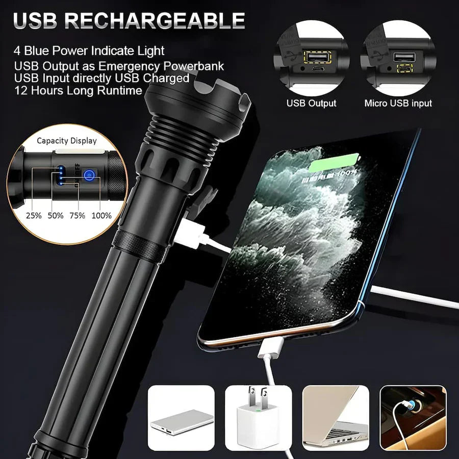 LED flashlight 7000 lumens | 550 m range + spot &amp; floodlight | 3000 mAh battery up to 8 hrs | IPX5 aluminum