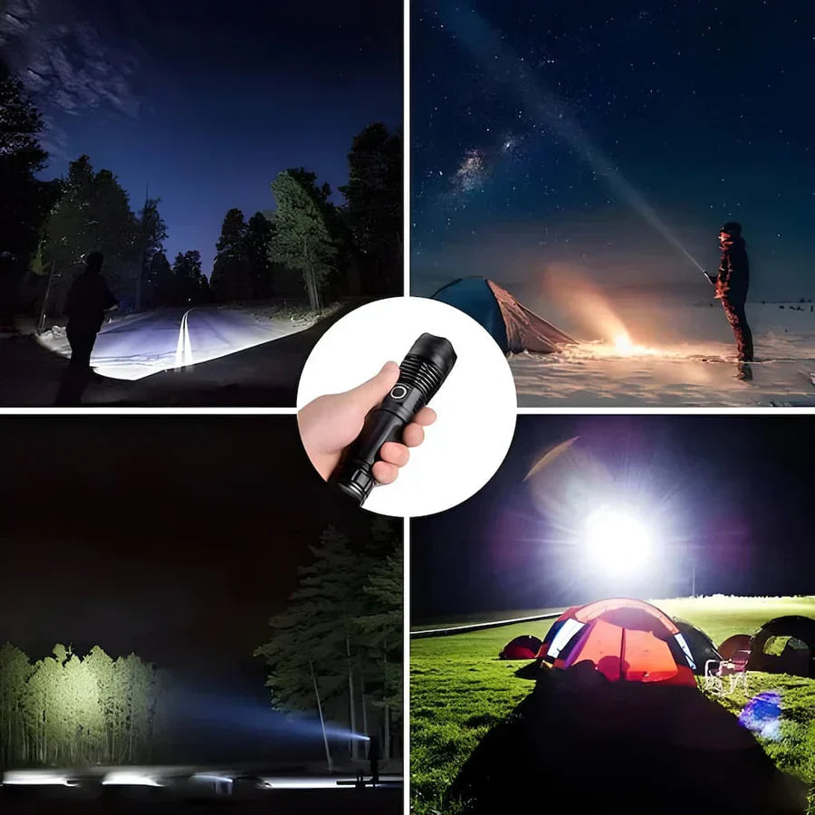 LED flashlight 7000 lumens | 550 m range + spot &amp; floodlight | 3000 mAh battery up to 8 hrs | IPX5 aluminum