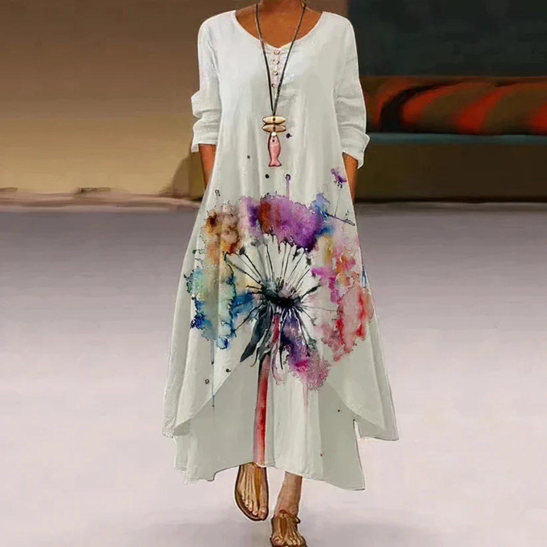 Damen Sommer Maxi-Kleid doppellagig mit Print &amp; Langarm | Luftig-leicht, fließender Schnitt | Figur schmeichelnd | Strand &amp; Events