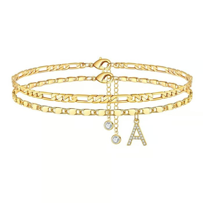 Chaîne de cheville lettres multicouches et réglable | Hypoallergénique, sans nickel ni plomb | Or/argent | 21,5 cm + 5 cm