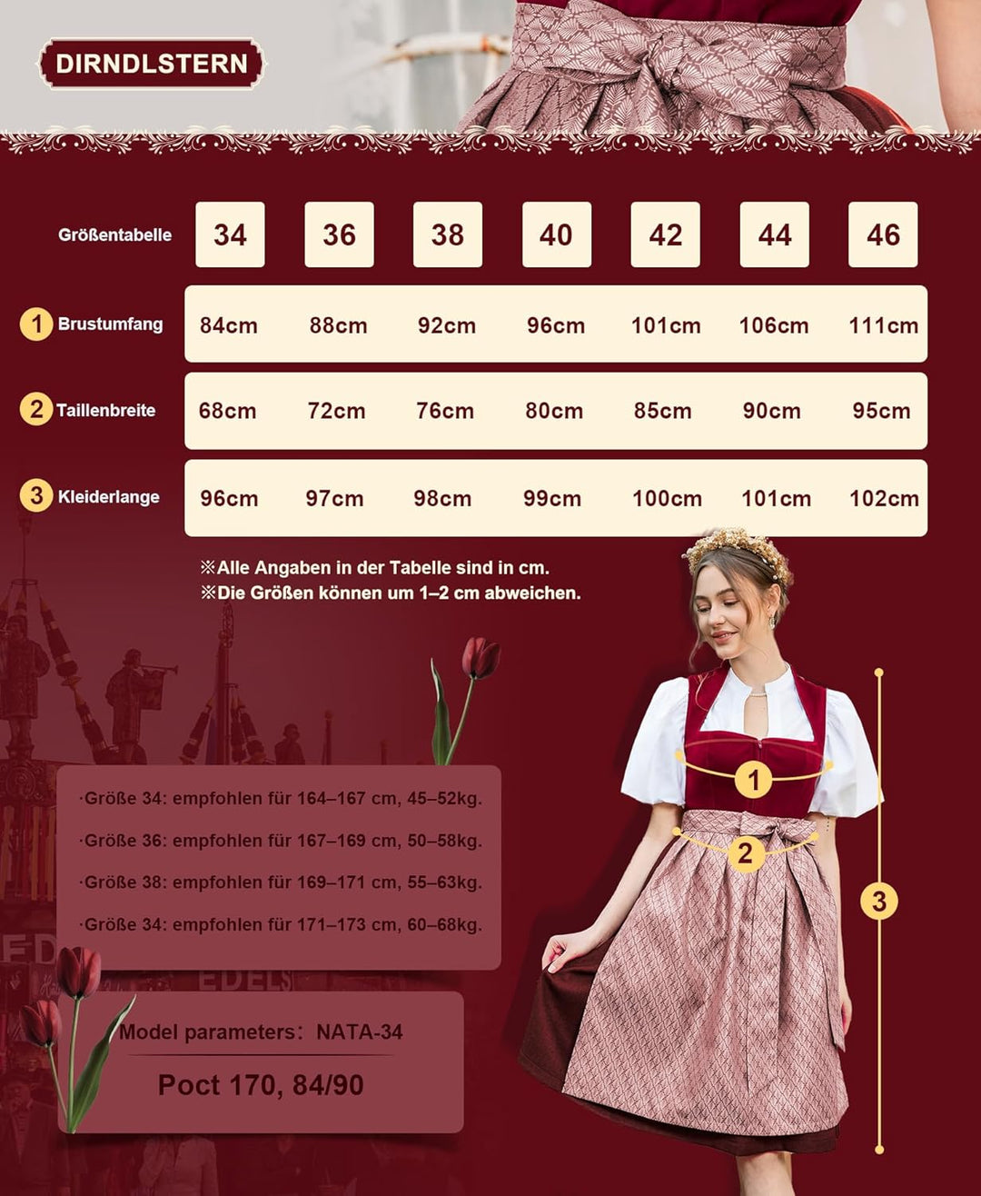 Dirndl Midi Damen | Rotes Samtdirndl mit Plissee-Schürze für Oktoberfest, Volksfest und festliche Anlässe