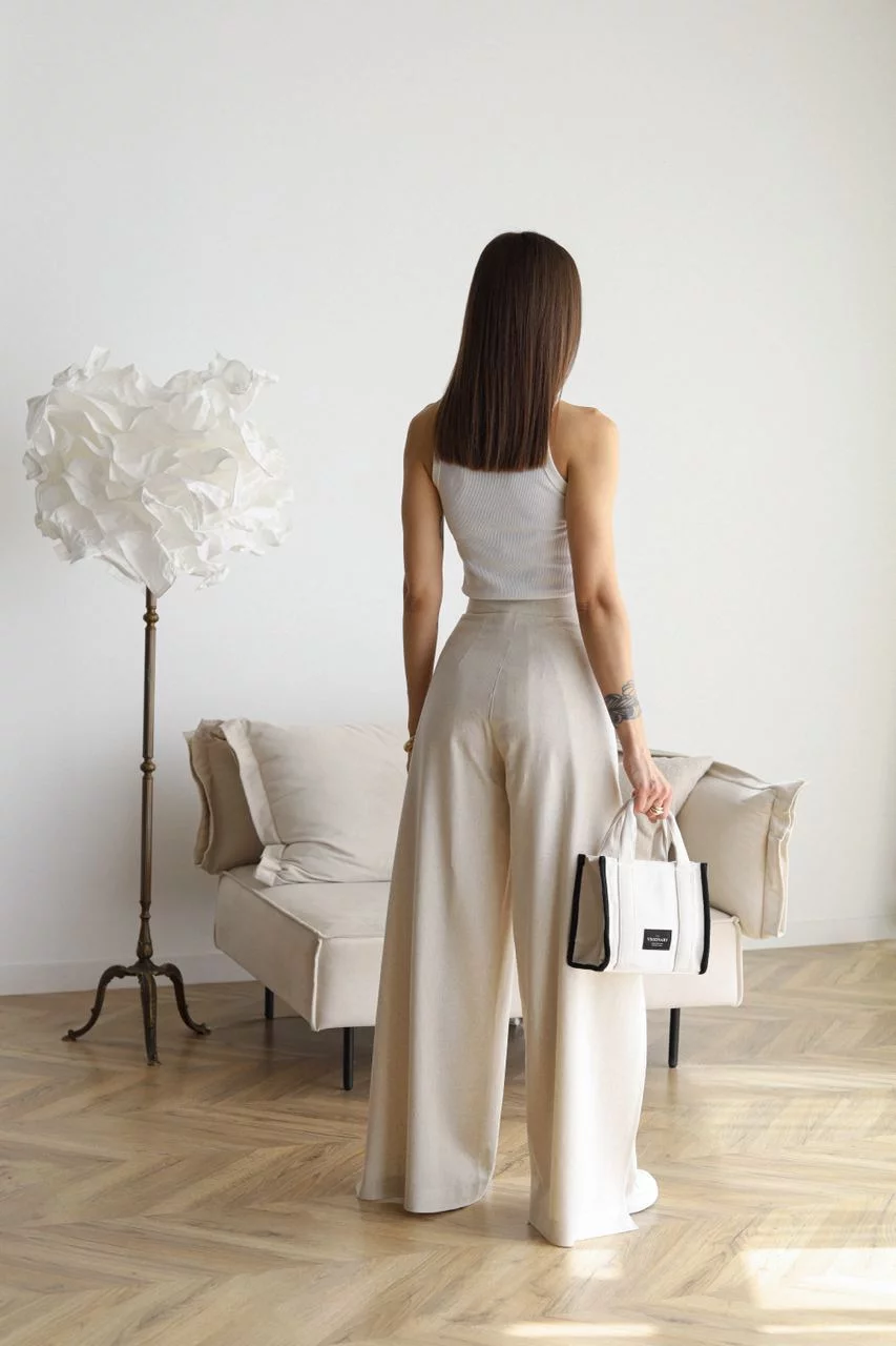 Pantalon en lin femme | Jambe large &amp; design portefeuille | Taille haute, confortable &amp; élégant pour quotidien &amp; occasions spéciales