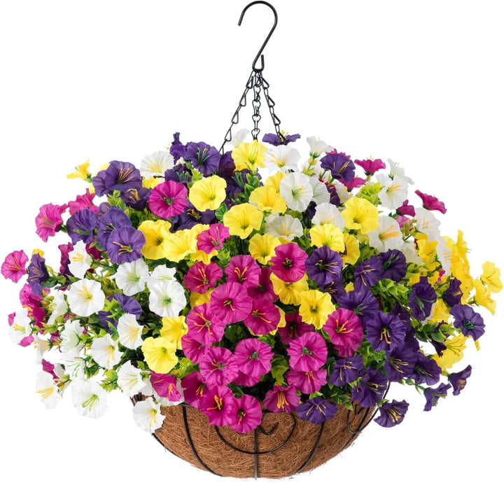 Artificial hanging flowers in basket made of silk &amp; plastic | UV &amp; weather resistant for indoor/outdoor | 7 colors, permanently fresh