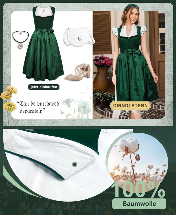 Dirndl Midi Damen | Leinen-Dirndl mit Trachtenrock und Schürze für Oktoberfest und Volksfest