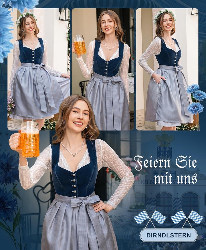 Dirndl Midi Damen | Samtdirndl mit Dirndlschürze für Oktoberfest, Volksfest und festliche Anlässe
