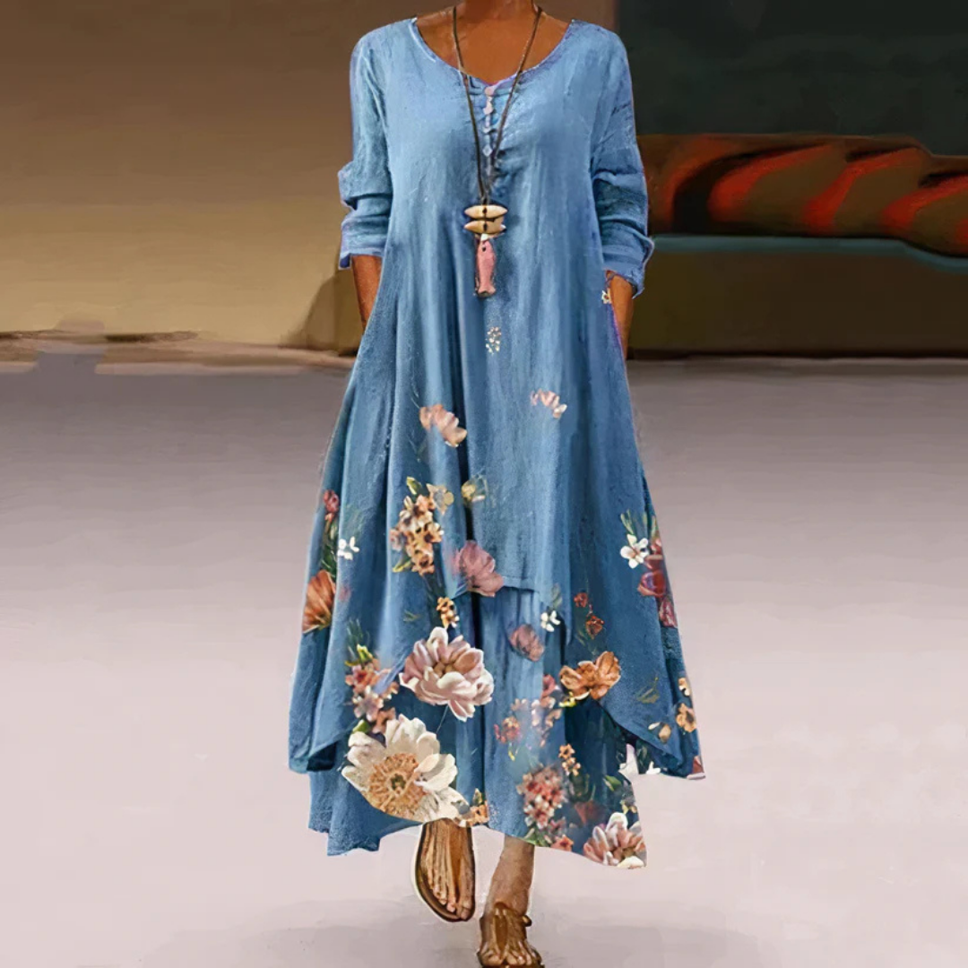 Damen Sommer Maxi-Kleid doppellagig mit Print &amp; Langarm | Luftig-leicht, fließender Schnitt | Figur schmeichelnd | Strand &amp; Events