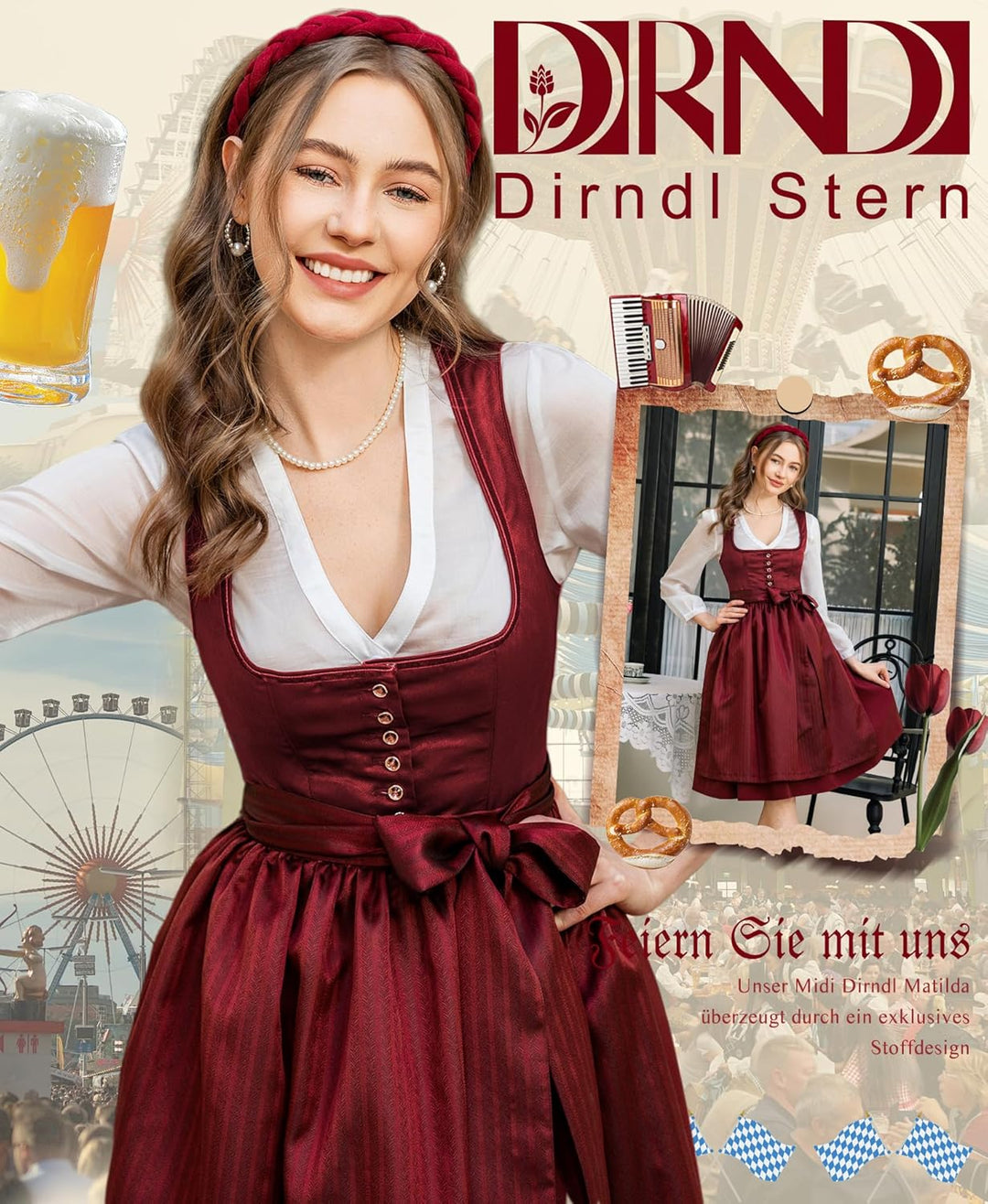 Dirndl Midi Damen | Trachtenkleid mit Plissee-Schürze für Oktoberfest, Volksfest und festliche Anlässe