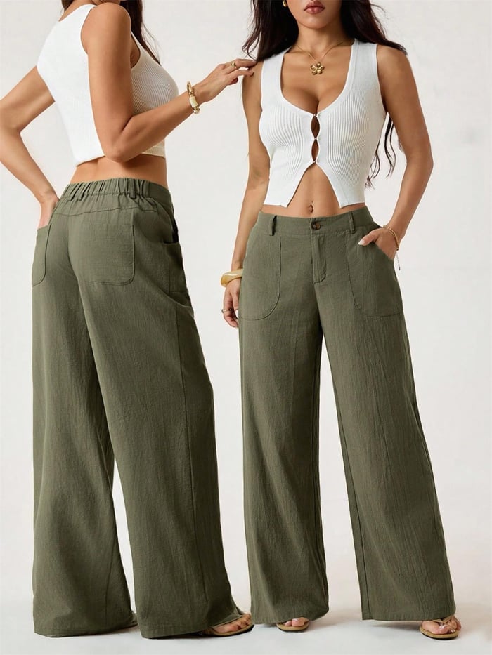 Damen Palazzo Hose aus Baumwoll-Leinen | High Waist Sommerhose mit Weitem Bein &amp; Taschen | Luftig &amp; Bequem