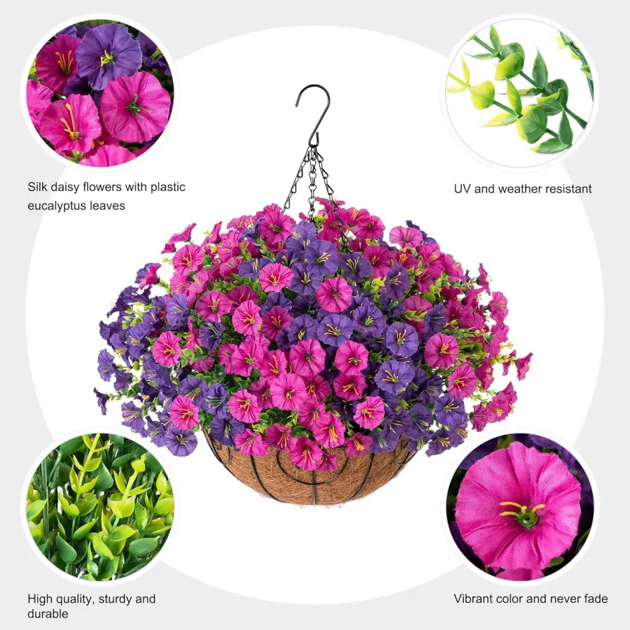 Artificial hanging flowers in basket made of silk &amp; plastic | UV &amp; weather resistant for indoor/outdoor | 7 colors, permanently fresh
