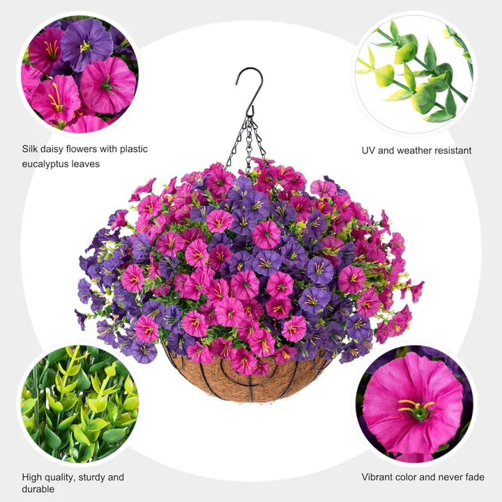 Artificial hanging flowers in basket made of silk &amp; plastic | UV &amp; weather resistant for indoor/outdoor | 7 colors, permanently fresh