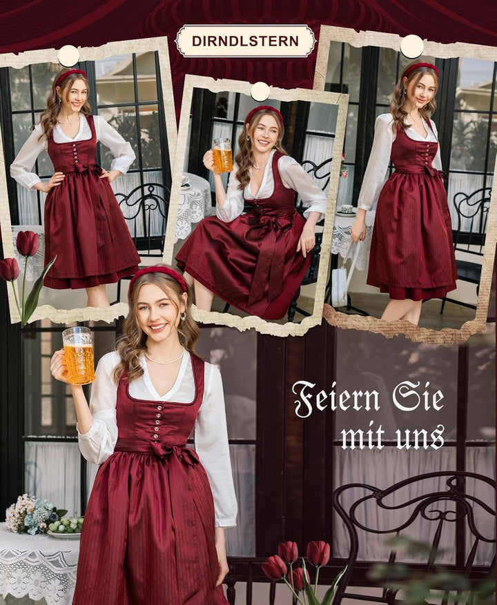 Dirndl Midi Damen | Trachtenkleid mit Plissee-Schürze für Oktoberfest, Volksfest und festliche Anlässe