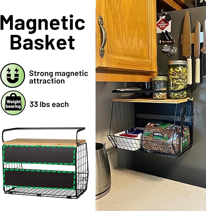 Magnetisches Kühlschrankregal bis 15 kg | Mehrstufiges, offenes Design für schnellen Zugriff | Platzsparend ohne Bohren | Schwarz/Weiß