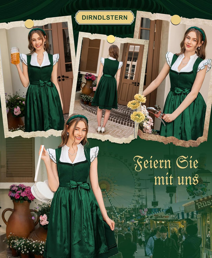 Dirndl Midi Damen | Leinen-Dirndl mit Trachtenrock und Schürze für Oktoberfest und Volksfest