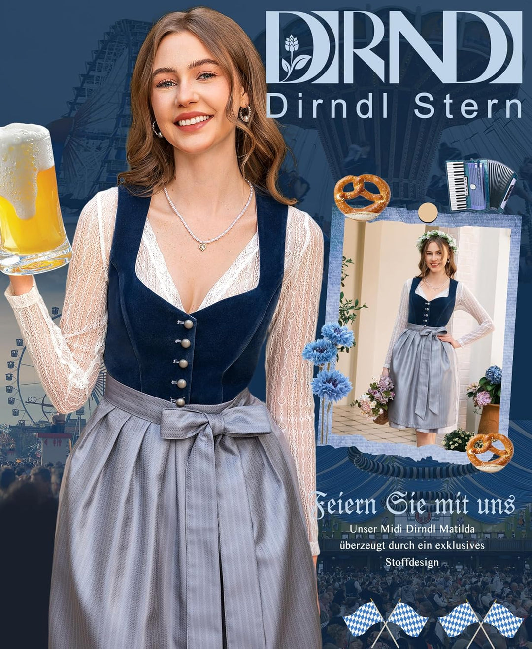 Dirndl Midi Damen | Samtdirndl mit Dirndlschürze für Oktoberfest, Volksfest und festliche Anlässe