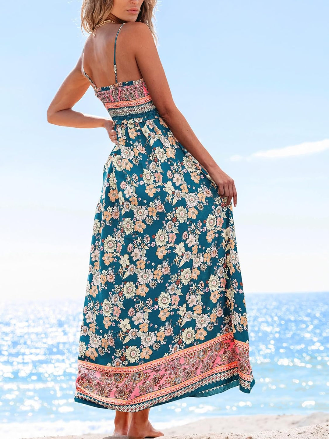 Maxikleid mit Frühlingsblütenmuster | gesmoktes Bustier elastisch &amp; bequem | quadratischer Ausschnitt, ärmellos | 100% Viskose