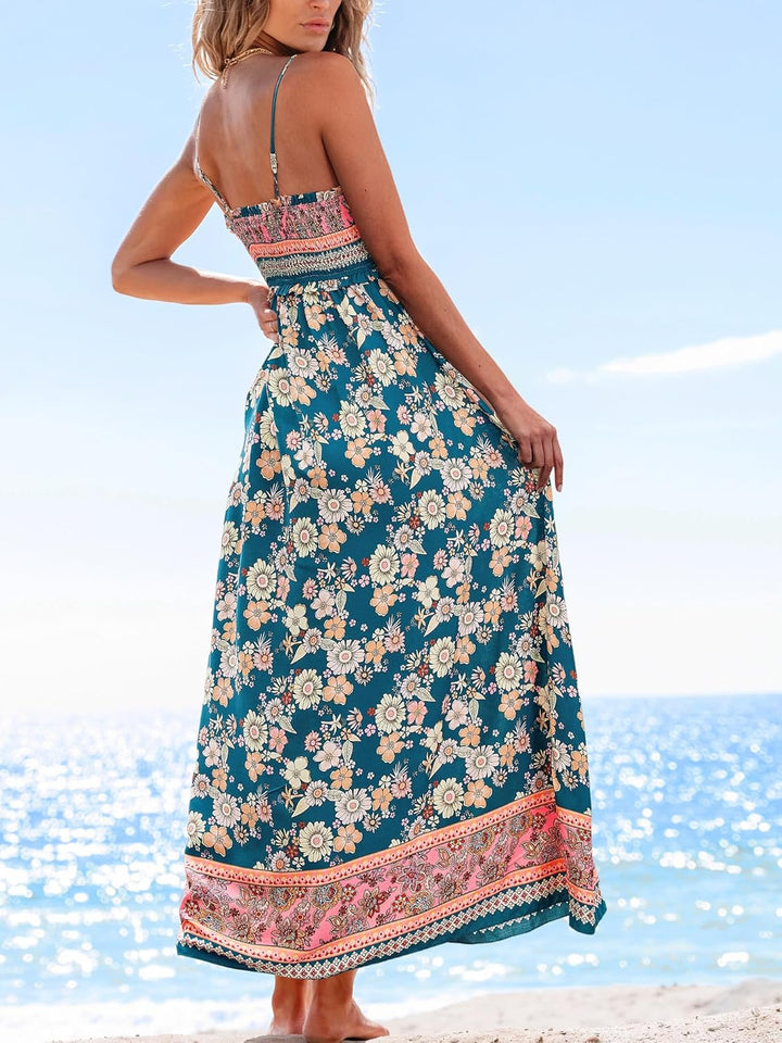 Maxikleid mit Frühlingsblütenmuster | gesmoktes Bustier elastisch &amp; bequem | quadratischer Ausschnitt, ärmellos | 100% Viskose