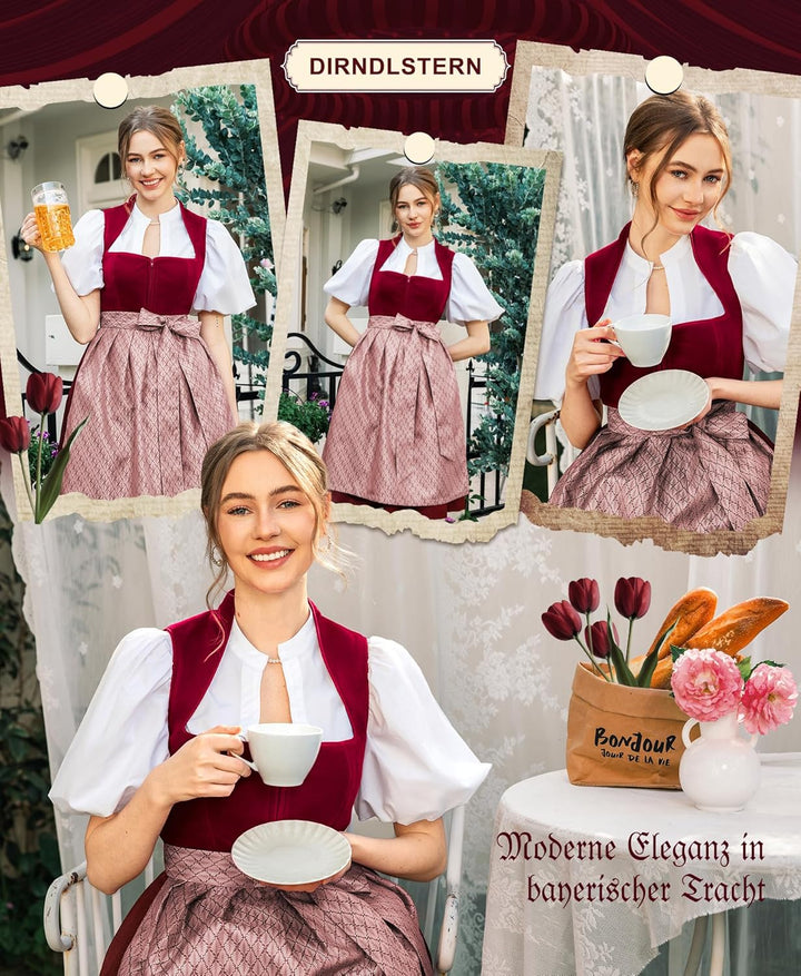 Dirndl Midi Damen | Rotes Samtdirndl mit Plissee-Schürze für Oktoberfest, Volksfest und festliche Anlässe