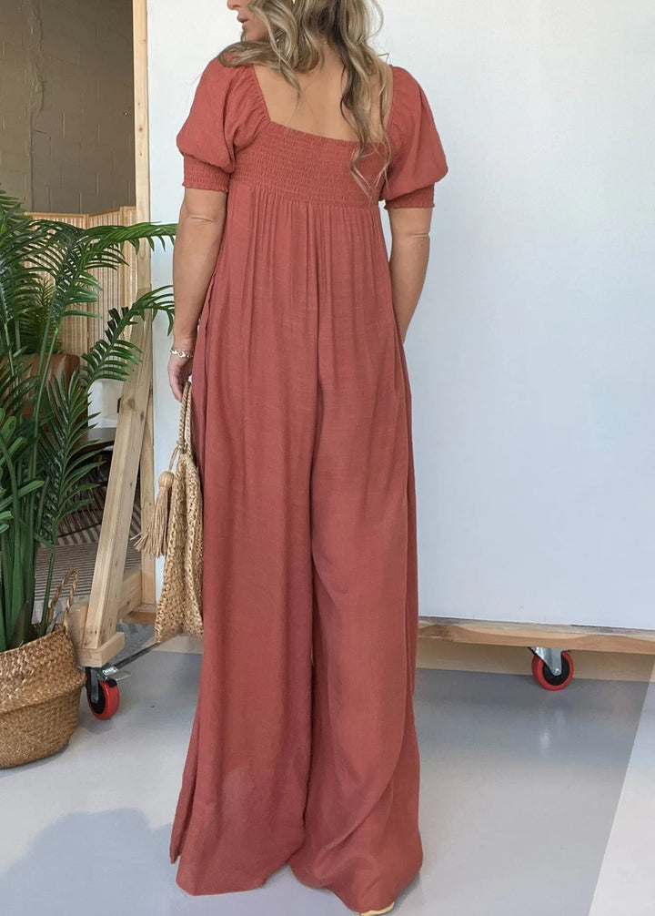 Damen Jumpsuit mit quadratischem Ausschnitt | gesmocktes Oberteil &amp; Taschen | locker-lässig, Coco-Muster | ideal für Sommer &amp; Urlaub