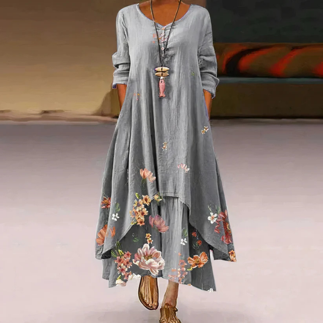 Damen Sommer Maxi-Kleid doppellagig mit Print &amp; Langarm | Luftig-leicht, fließender Schnitt | Figur schmeichelnd | Strand &amp; Events