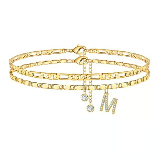 Chaîne de cheville lettres multicouches et réglable | Hypoallergénique, sans nickel ni plomb | Or/argent | 21,5 cm + 5 cm
