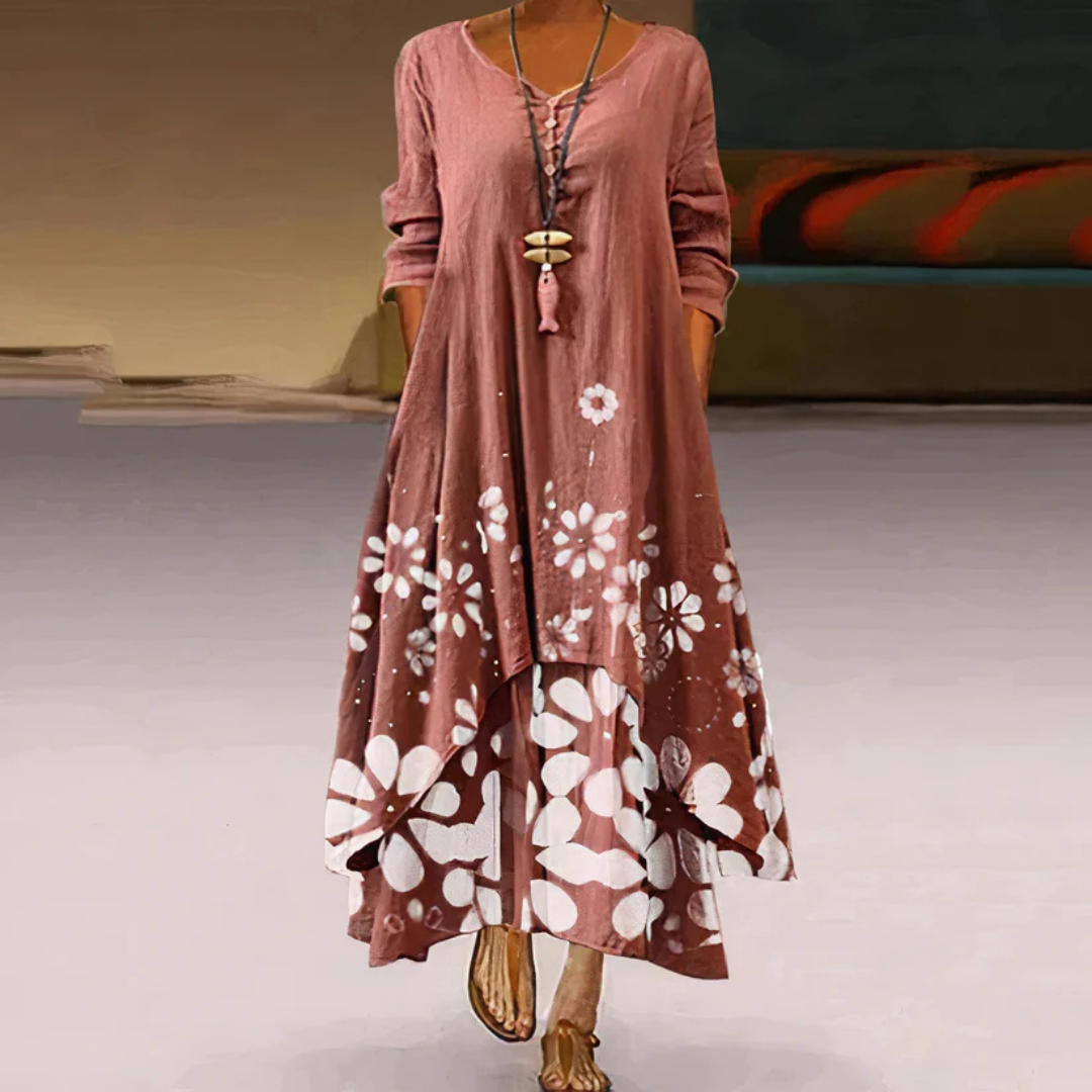 Damen Sommer Maxi-Kleid doppellagig mit Print &amp; Langarm | Luftig-leicht, fließender Schnitt | Figur schmeichelnd | Strand &amp; Events