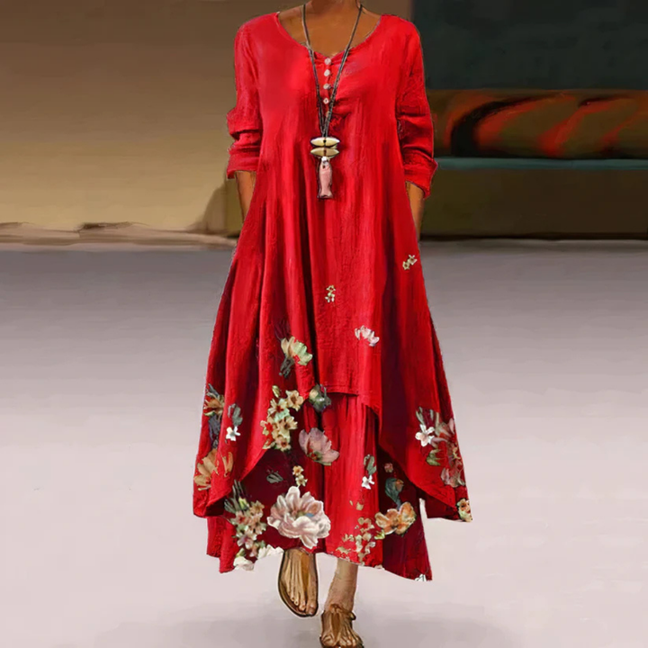 Damen Sommer Maxi-Kleid doppellagig mit Print &amp; Langarm | Luftig-leicht, fließender Schnitt | Figur schmeichelnd | Strand &amp; Events