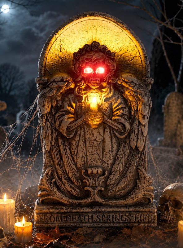 Halloween Grabstein Engel 63 cm | Animierte Friedhof-Deko mit LED-Licht, Sound, roten Augen und IR-Sensor