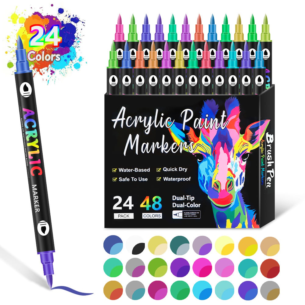Acrylmarker Set mit Dual-Tip für kreative Projekte | Wasserbasiert, geruchslos &amp; wasserfest | 24–120 Farben