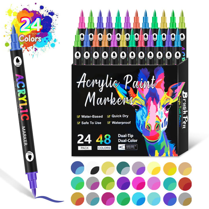 Acrylmarker Set mit Dual-Tip für kreative Projekte | Wasserbasiert, geruchslos &amp; wasserfest | 24–120 Farben