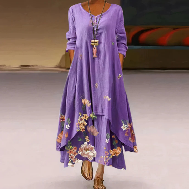 Damen Sommer Maxi-Kleid doppellagig mit Print &amp; Langarm | Luftig-leicht, fließender Schnitt | Figur schmeichelnd | Strand &amp; Events